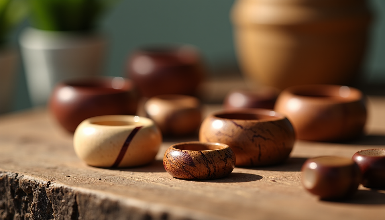 l'univers des bijoux en bois — crème clair à brun rougeâtre incrustations, bagues, pièces